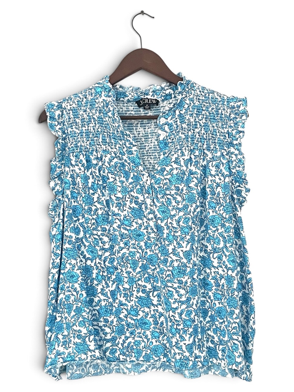 J Crew Blue Floral Cotton Smocked Ruffled Sleeveless Blouse, Plus Size 2X
